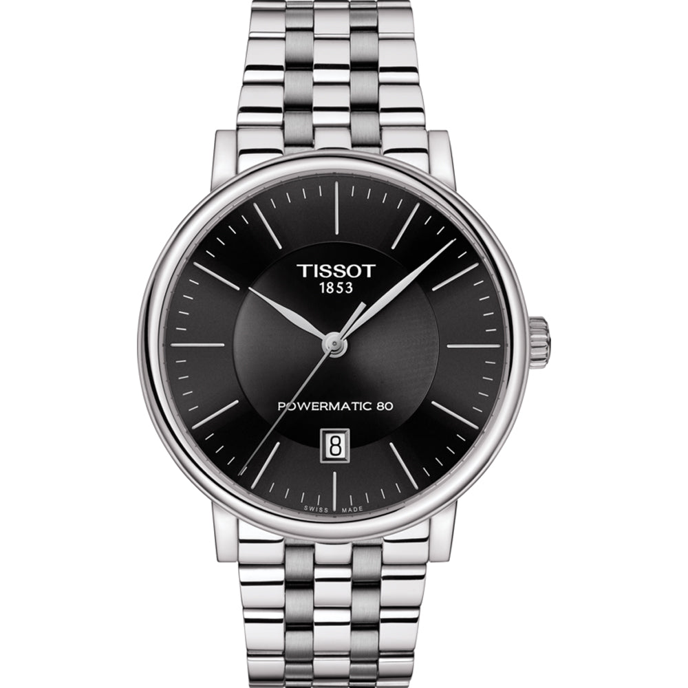 Orologio Tissot Carson Premium con quadrante nero, cassa in acciaio inox e cinturino a maglia rolò.