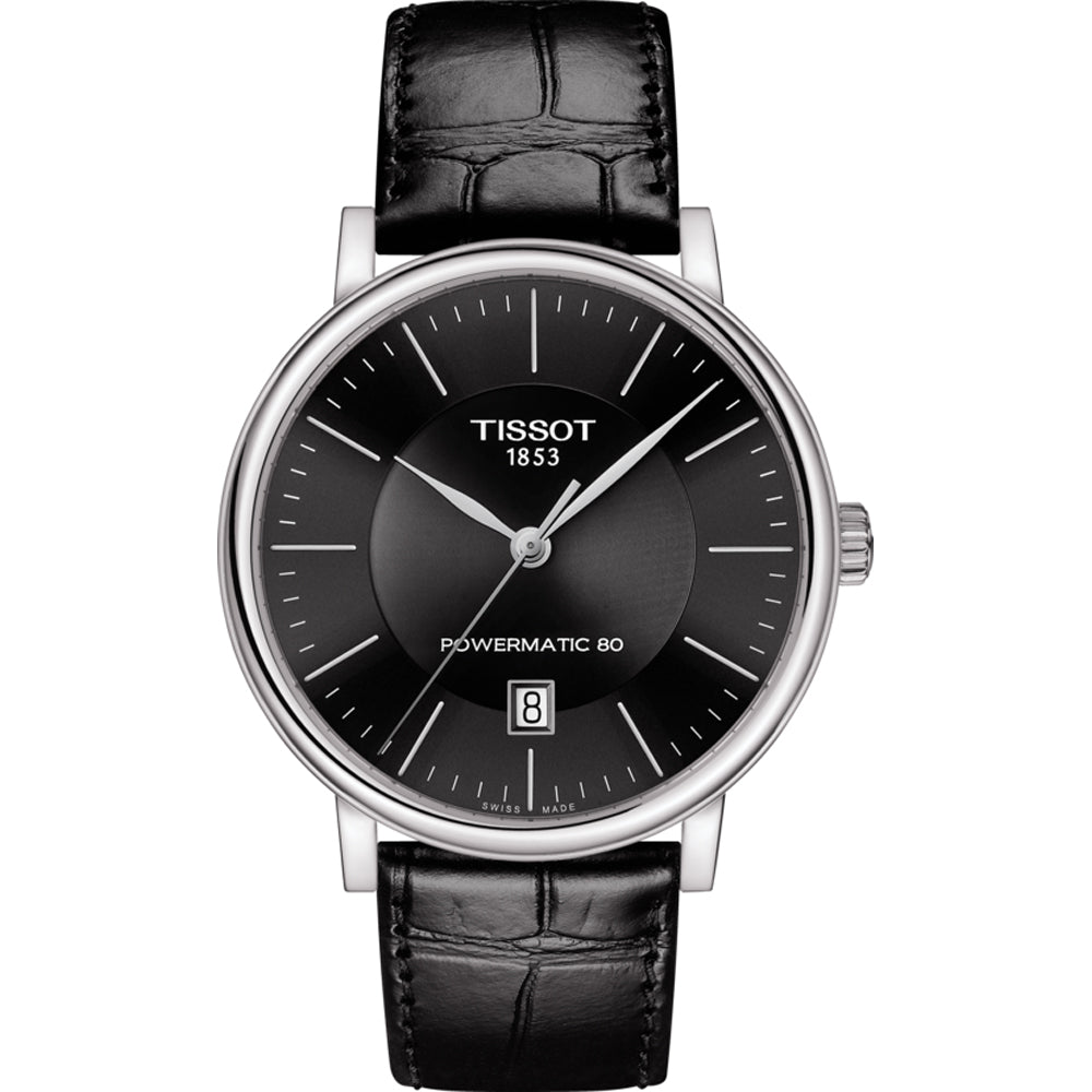 Orologio Tissot Carson Premium con quadrante nero, cassa in acciaio e cinturino in pelle nera.