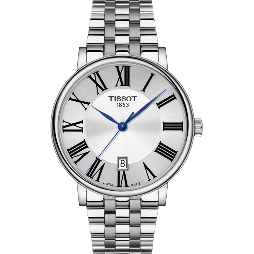 Orologio Tissot Carson Premium con cassa argentata, quadrante argentato e numeri romani, bracciale in acciaio inox.