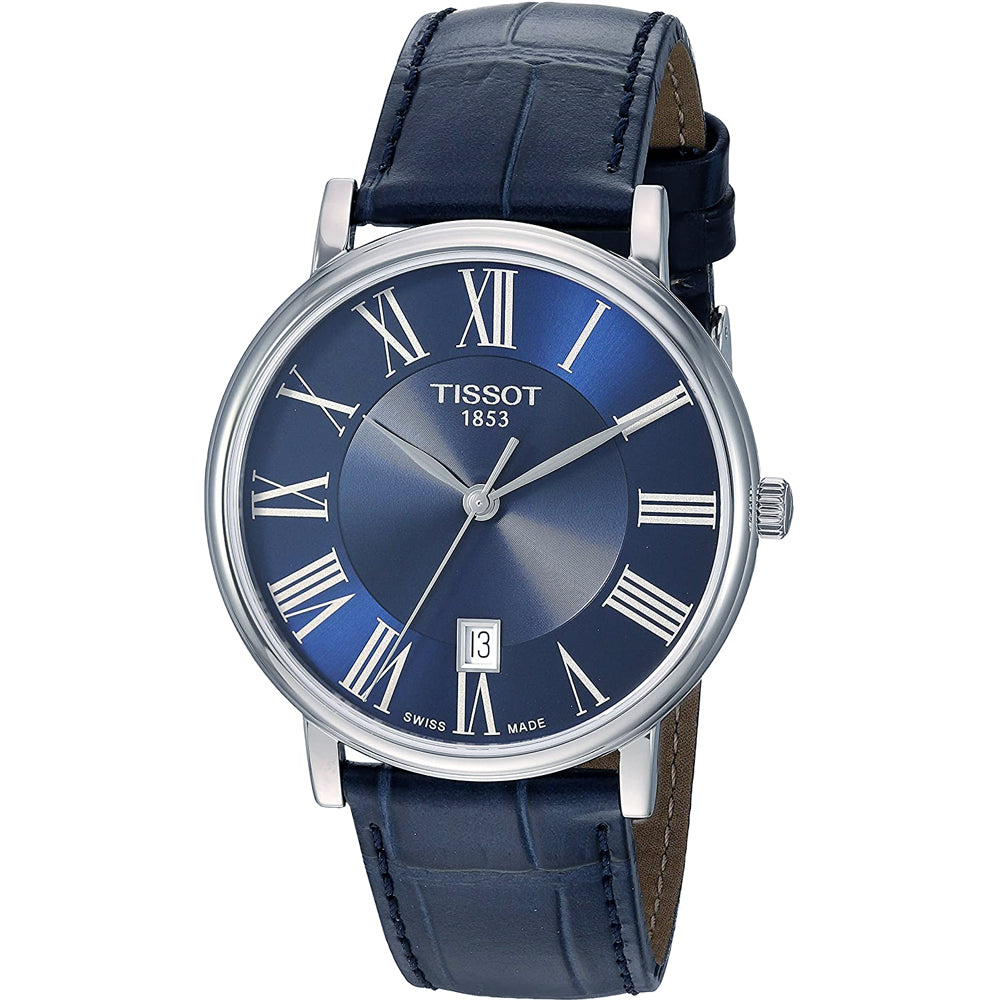 Orologio Tissot con cassa in acciaio, quadrante blu con numeri romani e cinturino in pelle blu.