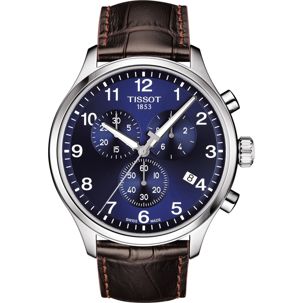Orologio Tissot Chrono XL Classic con quadrante blu, cassa in acciaio e cinturino in pelle marrone.