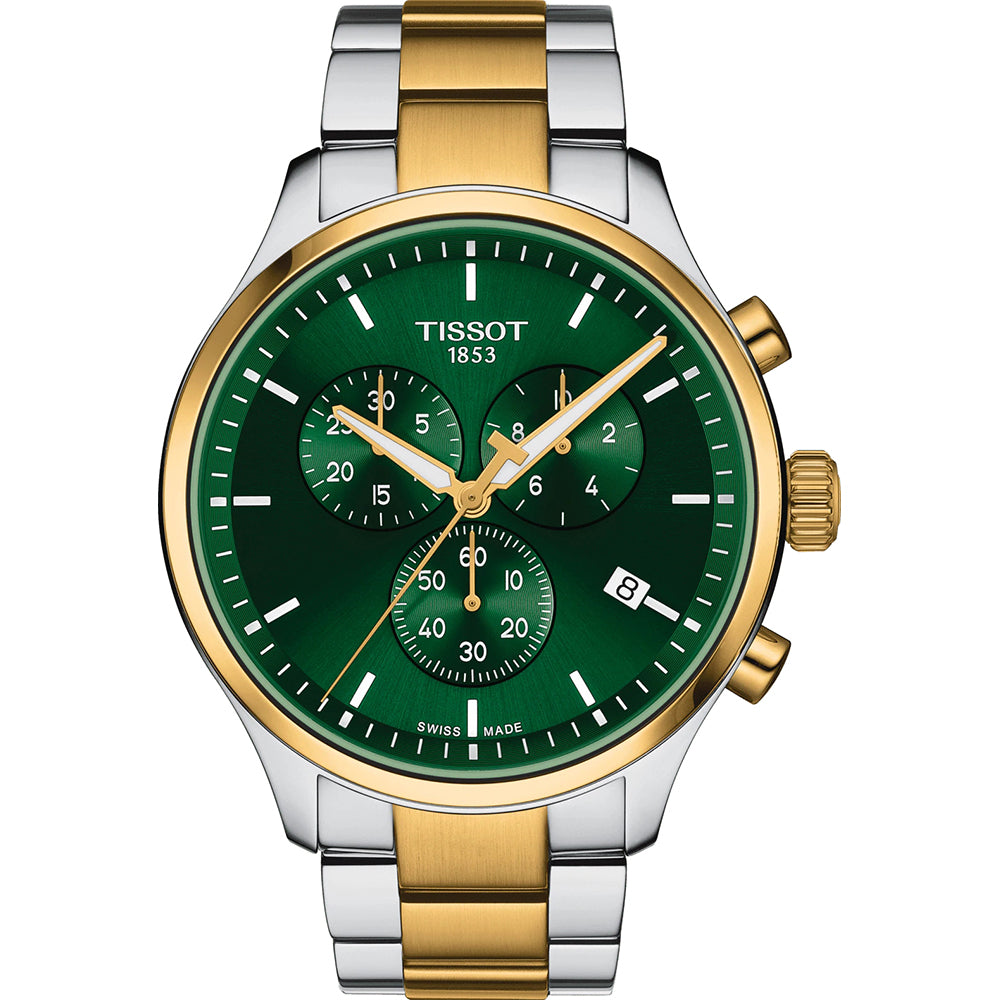 Orologio Tissot Chrono XL Classic con cassa in acciaio, quadrante verde e dettagli dorati.