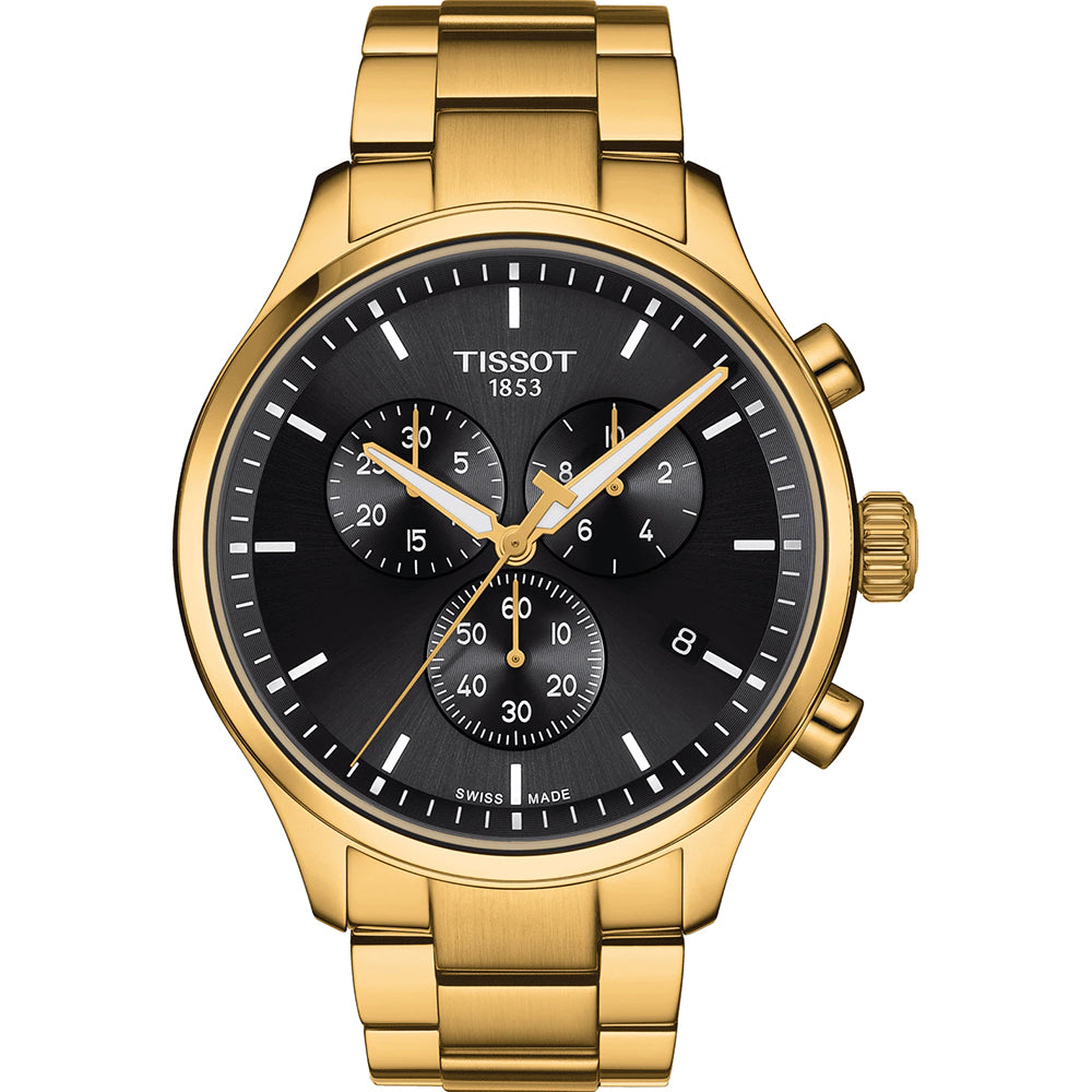 Orologio Tissot Chrono XL Classic con cassa dorata, quadrante nero e bracciale in acciaio.