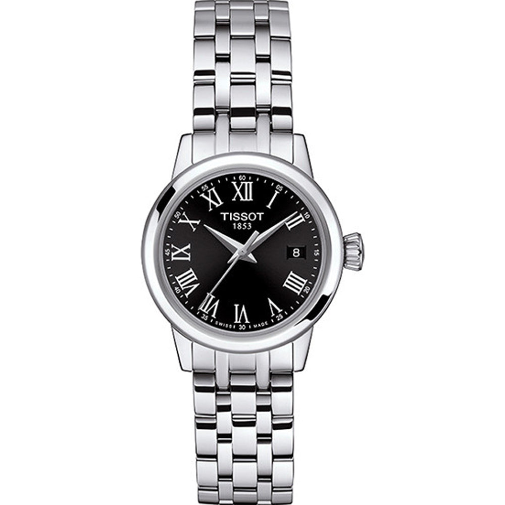 Orologio da donna Tissot Classic Dream con cassa argentata, quadrante nero e bracciale in acciaio.