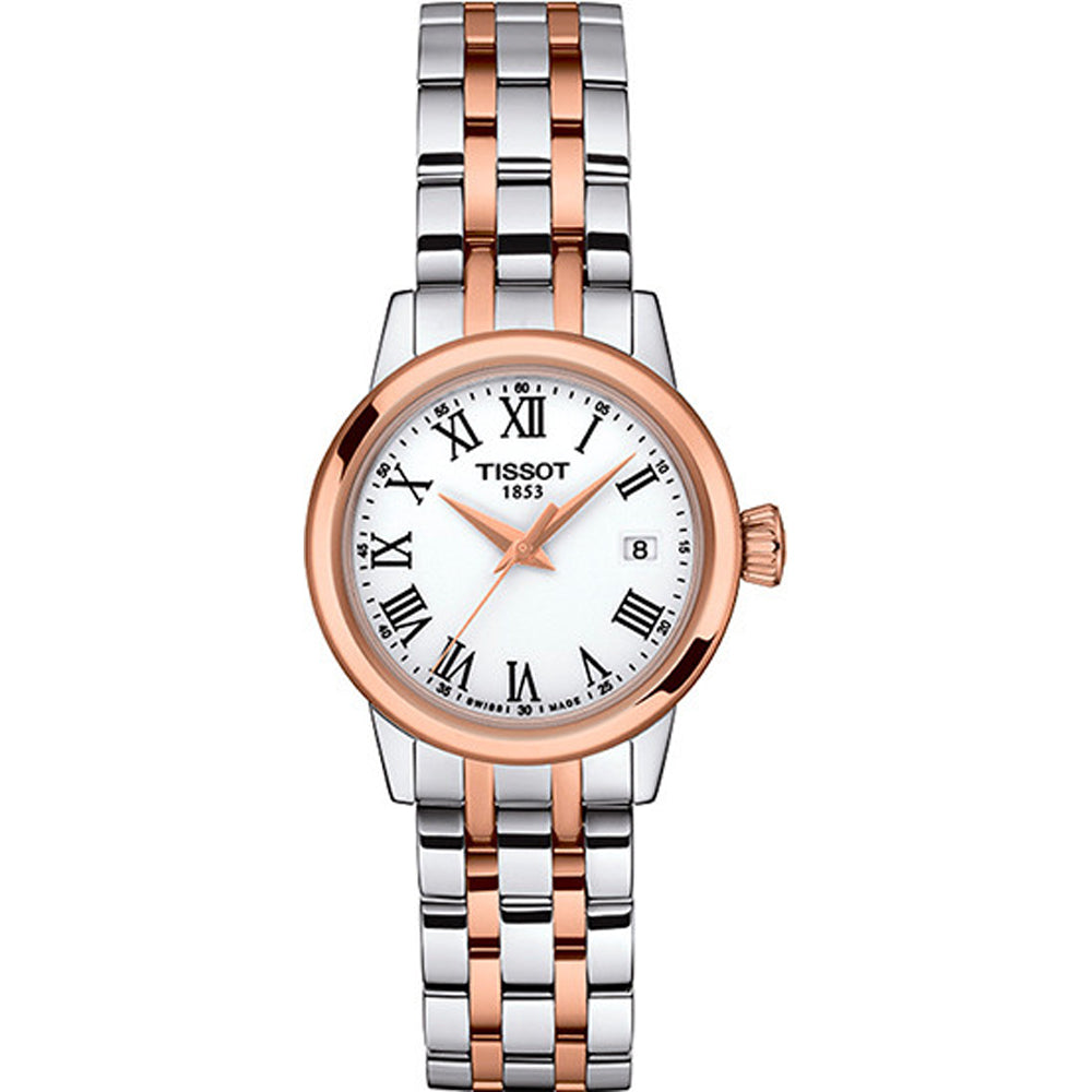 Orologio da donna Tissot Classic Dream con cassa rotonda in acciaio inox bicolore e quadrante bianco.