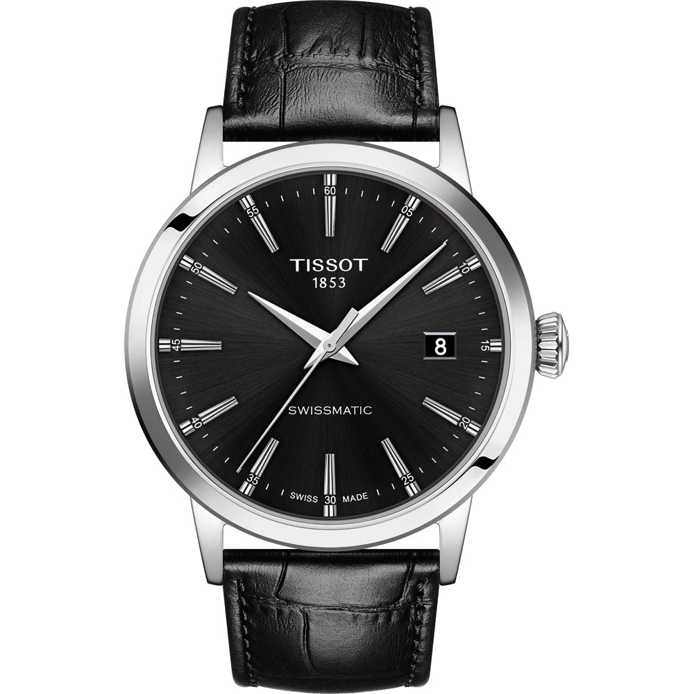 Orologio Tissot Classic Dream Swissmatic con quadrante nero, cassa in acciaio e cinturino in pelle nera.