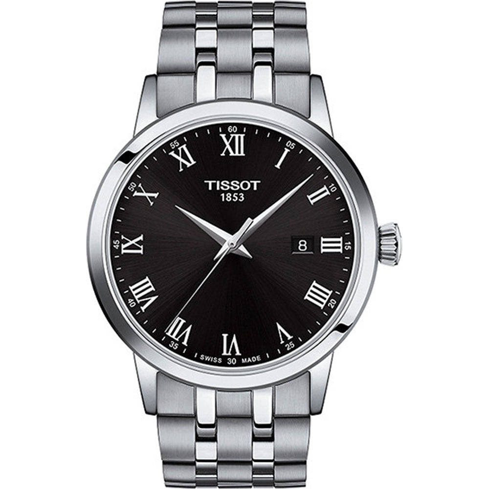 Orologio Tissot Classic Dream con cassa in acciaio inox, quadrante nero e bracciale a maglia rolò.