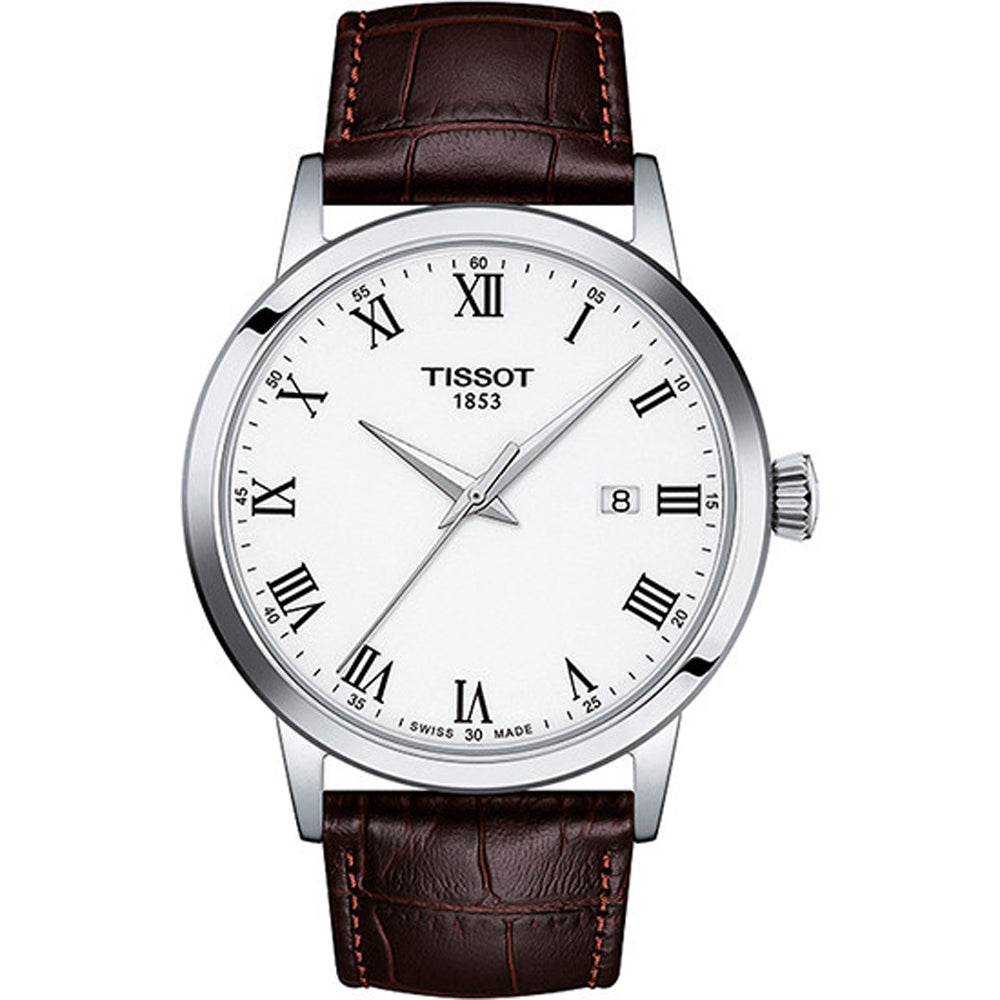 Orologio Tissot Classic Dream con quadrante bianco, cassa in acciaio inox e cinturino in pelle marrone.