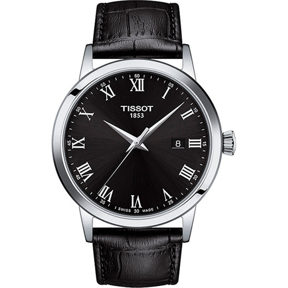 Orologio Tissot Classic Dream con quadrante nero, cassa in acciaio inox e cinturino in pelle nera.