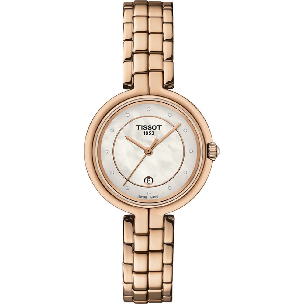 Orologio Tissot Flamingo con cassa rotonda in oro rosa e quadrante madreperla.