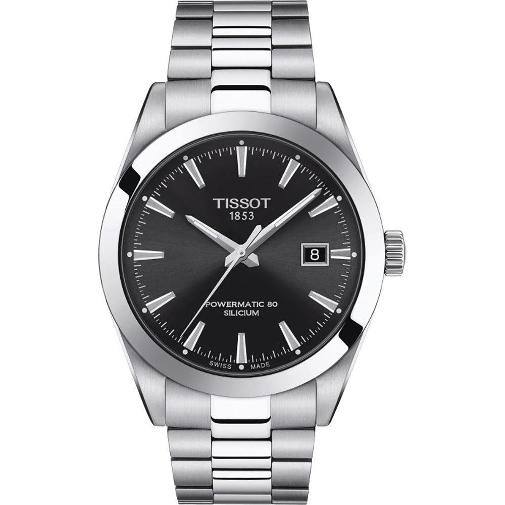 Orologio Tissot Gentleman Powermatic 80 con cassa in acciaio inox, quadrante nero e bracciale a maglia rolò.