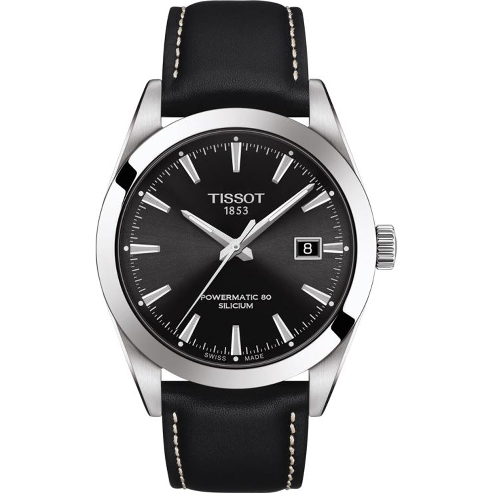 Orologio Tissot Gentleman Powermatic 80 con cassa in acciaio inox, quadrante nero e cinturino in pelle nera.