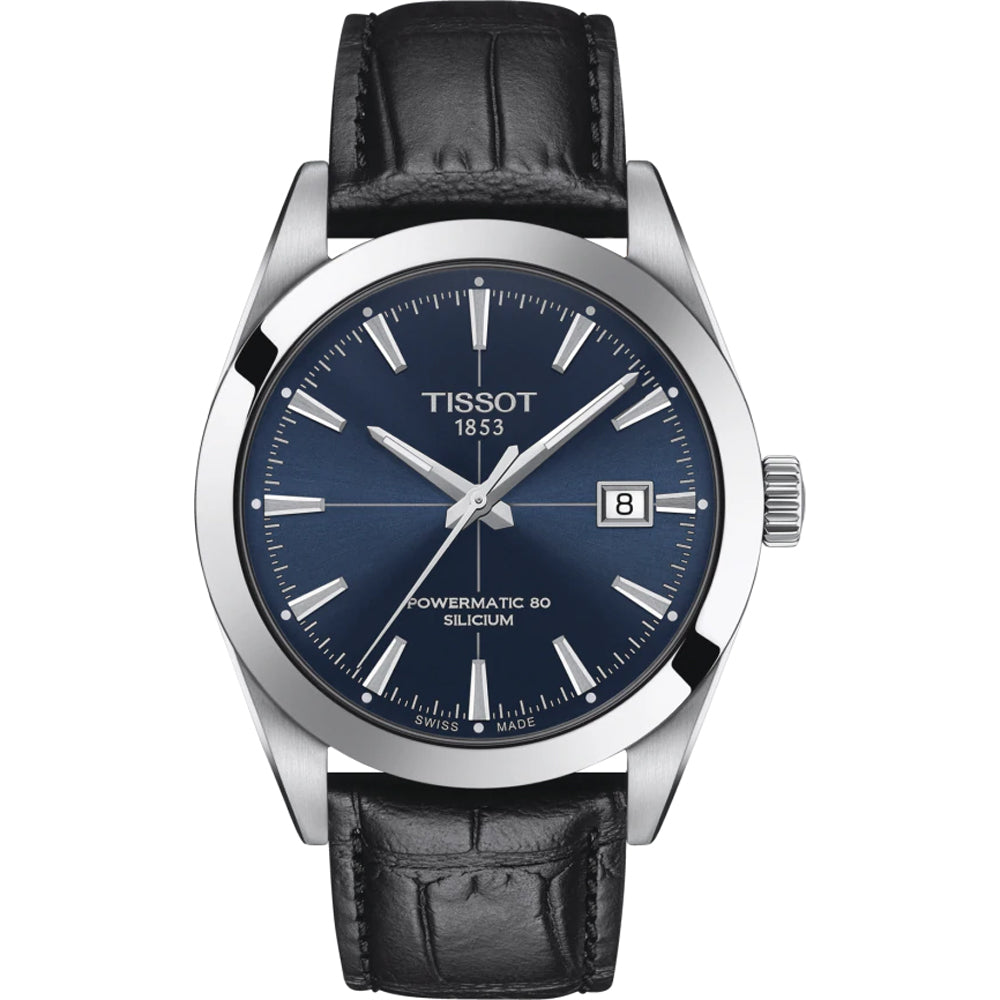 Orologio Tissot Gentleman con cassa in acciaio inox, quadrante blu e cinturino in pelle nera.