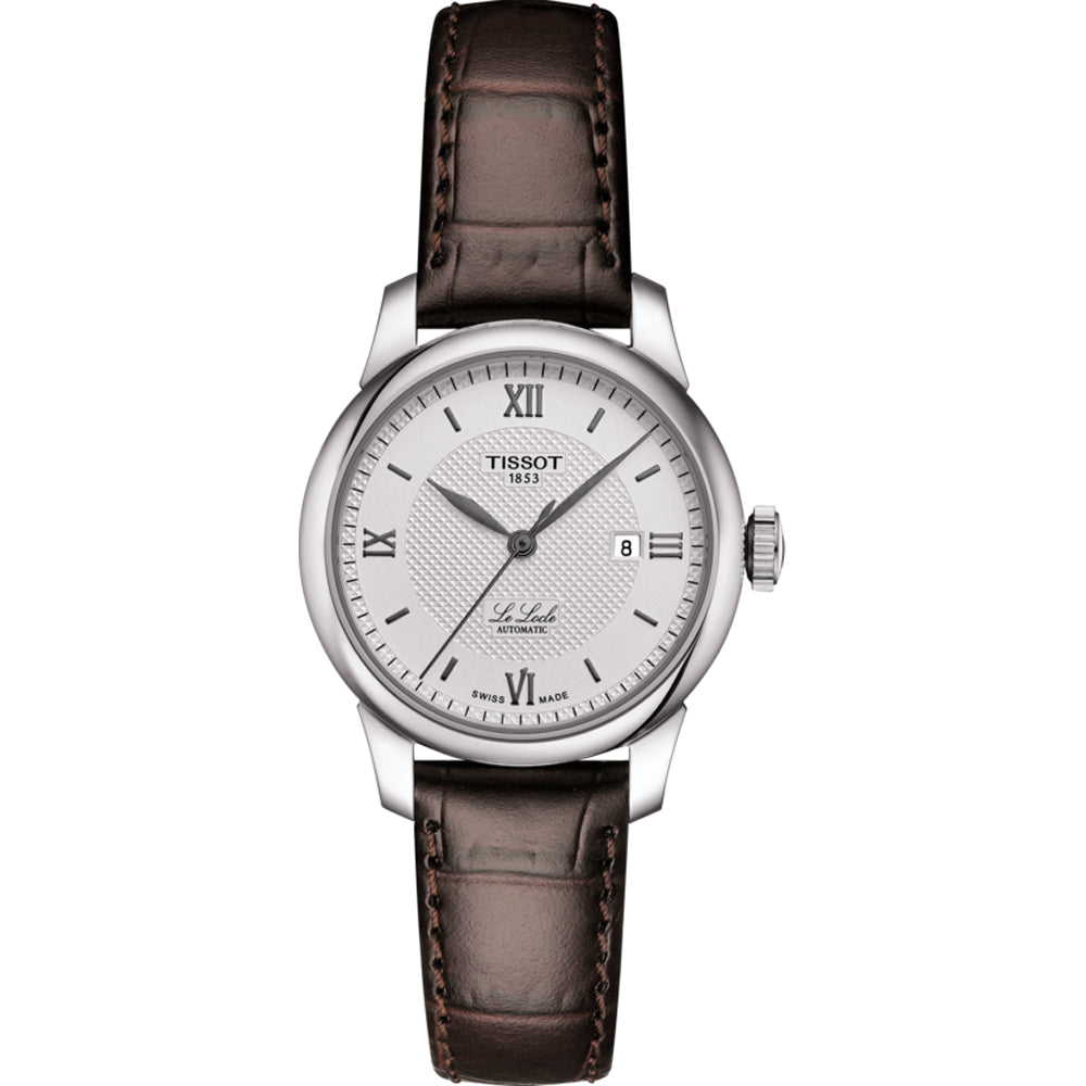 Orologio Tissot Le Locle Automatic Lady con cassa in acciaio inox, quadrante argentato e cinturino in pelle marrone.