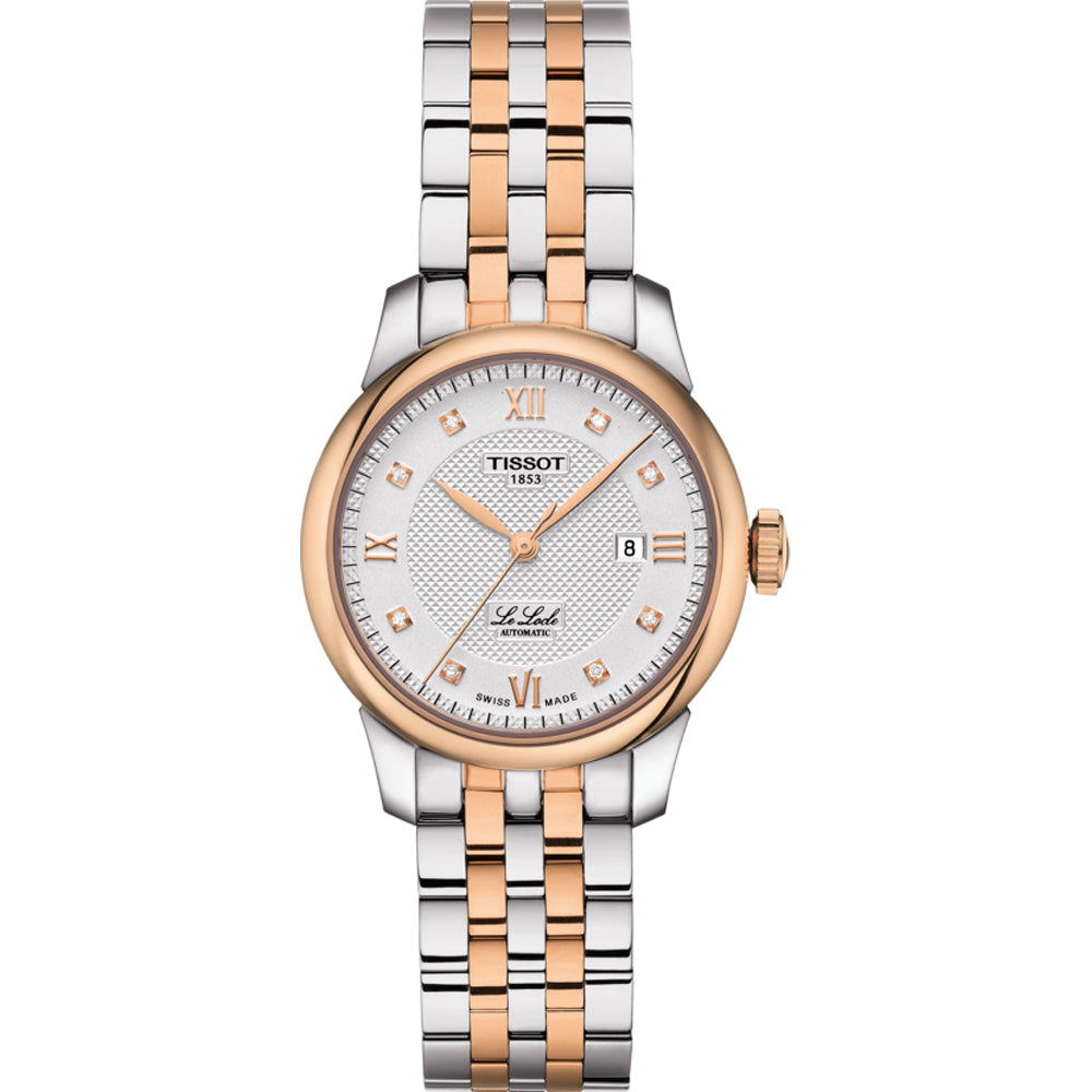 Orologio Tissot Le Locle Automatic Lady con cassa bicolore in acciaio e oro rosa, quadrante argentato con numeri romani.