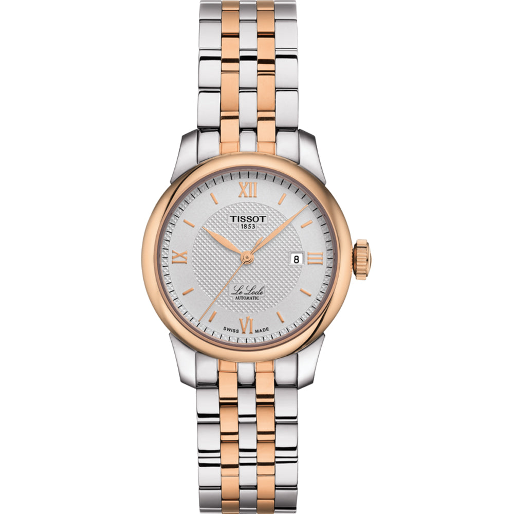 Orologio automatico da donna Tissot Le Locle con cassa argentata e dettagli dorati, quadrante argentato e bracciale bicolore.