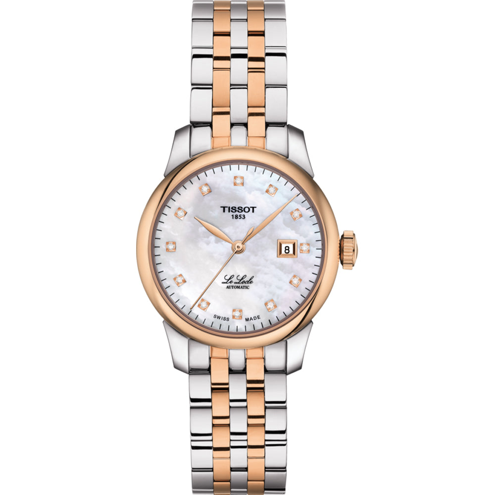 Orologio automatico Tissot Le Locle da donna con cassa bicolore in acciaio e oro rosa, quadrante madreperla e dettagli brillanti.