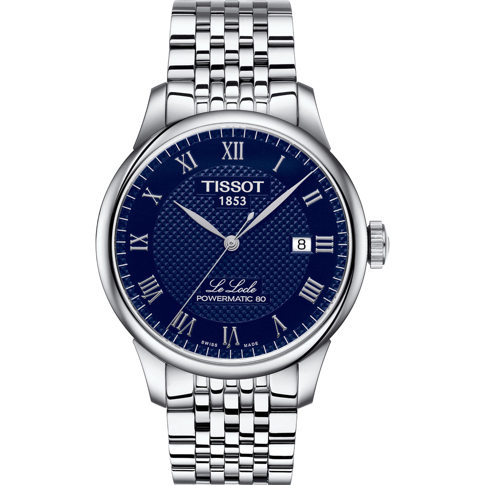 Orologio Tissot Le Locle con quadrante blu, cassa in acciaio e bracciale a maglia rolò.
