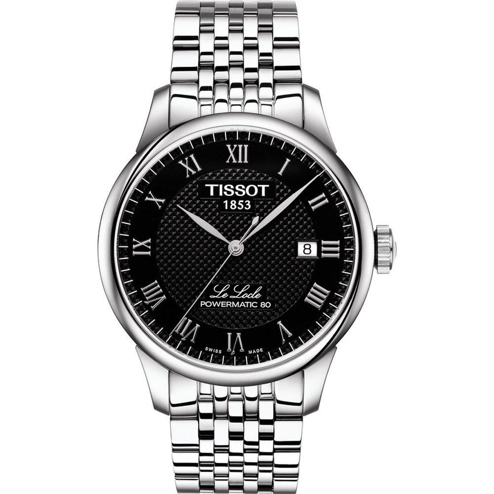 Orologio Tissot Le Locle con quadrante nero, cassa in acciaio inox e bracciale maglia rolò.