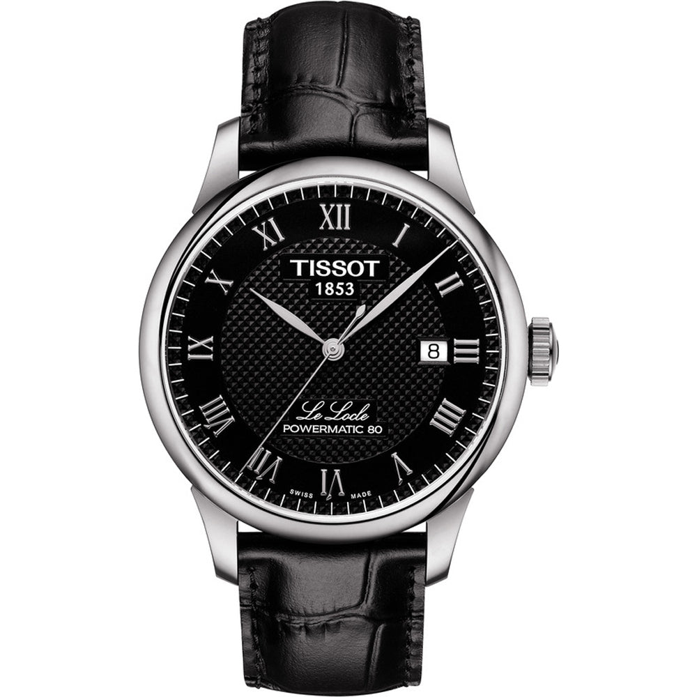 Orologio Tissot Le Locle Powermatic 80 con quadrante nero, cassa in acciaio e cinturino in pelle nera.
