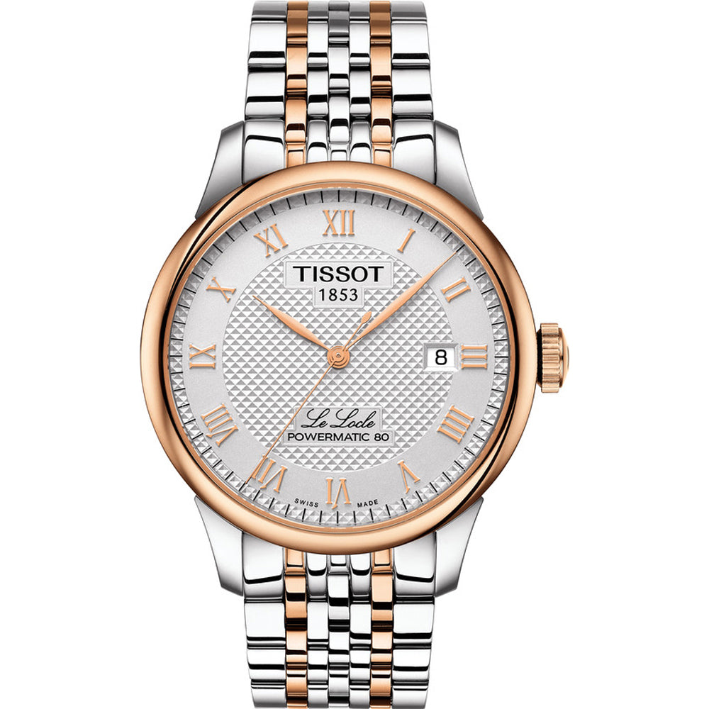 Orologio Tissot Le Locle Powermatic 80 con cassa in acciaio inox e oro rosa, quadrante argentato con numeri romani e bracciale a maglia rolò.