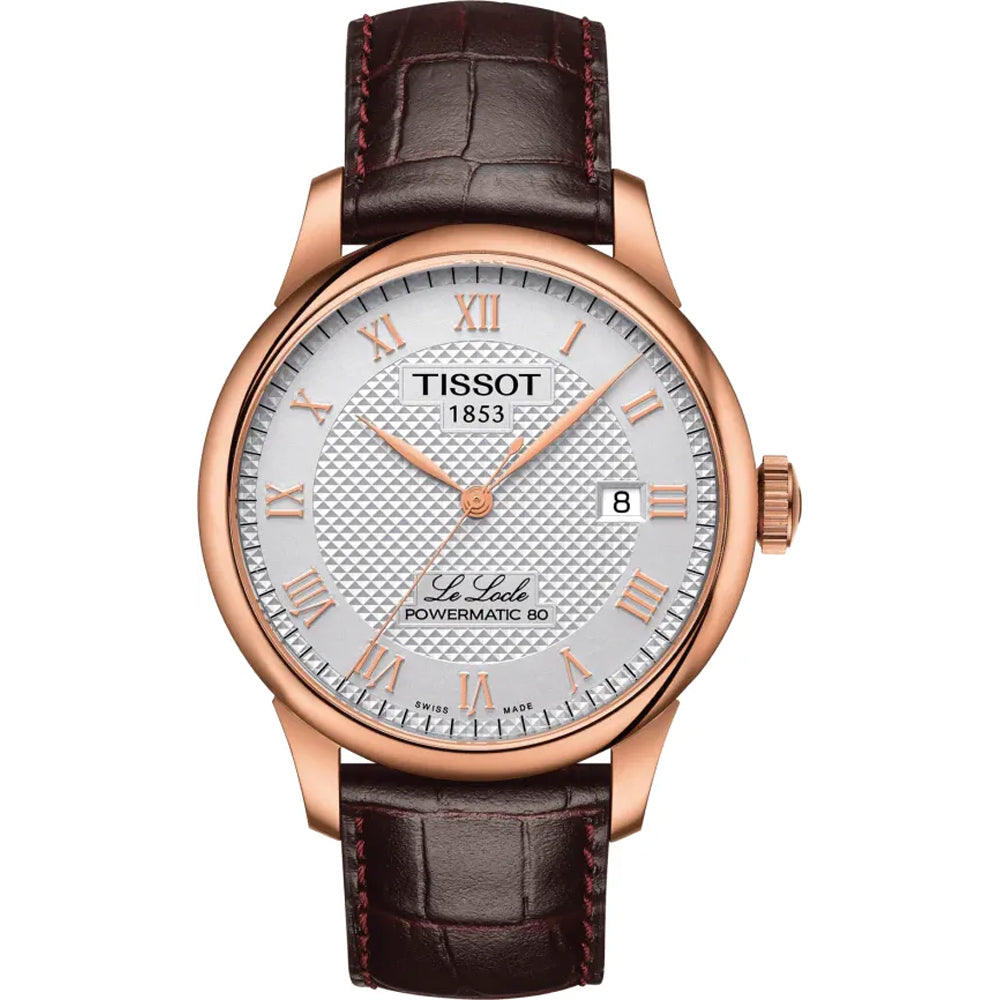 Orologio Tissot Le Locle Powermatic 80 con cassa in acciaio rosa, quadrante argentato e cinturino in pelle marrone.