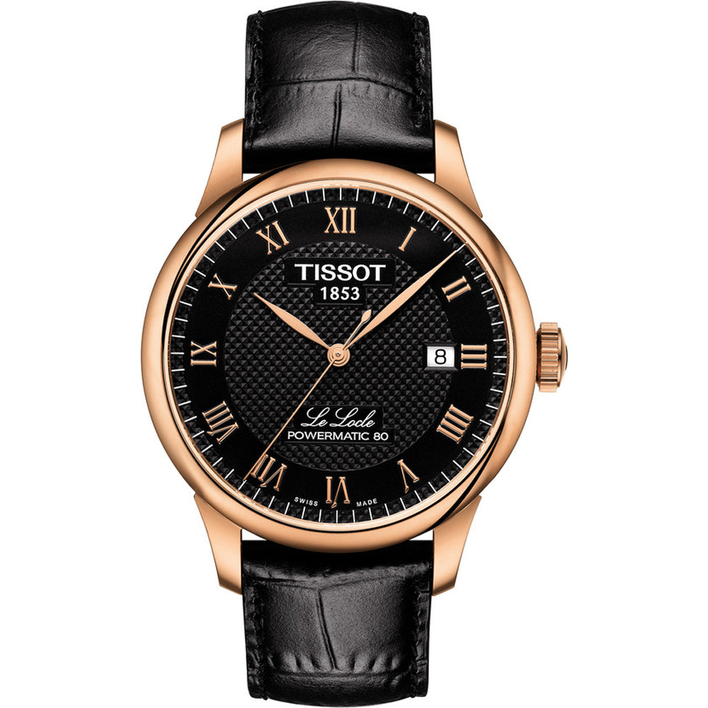 Orologio Tissot Le Locle con cassa in acciaio rosa, quadrante nero con numeri romani e cinturino in pelle nera.