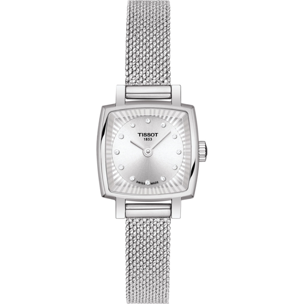 Orologio Tissot con quadrante quadrato argentato e cinturino in maglia rolò.