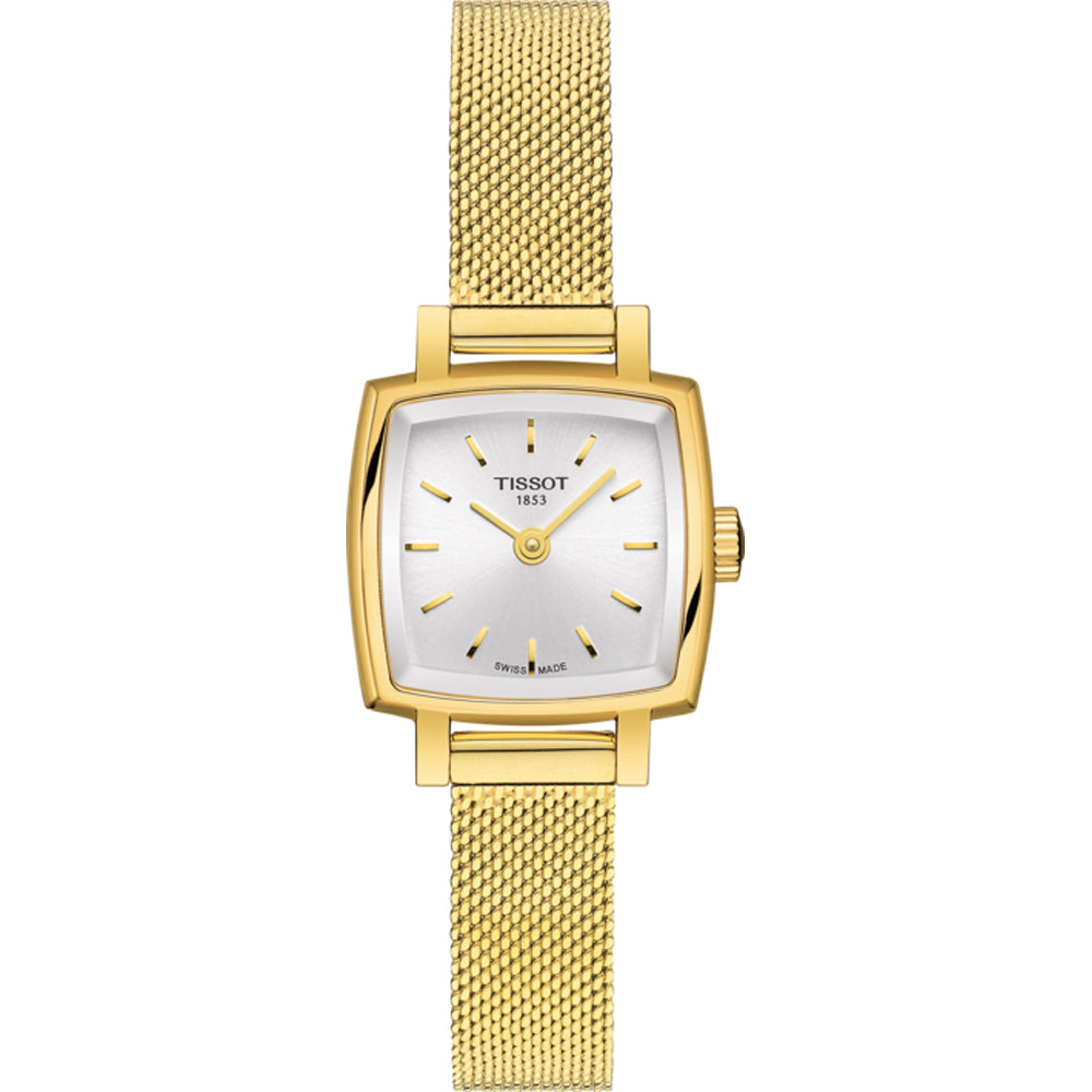 Orologio Tissot con cassa quadrata dorata e cinturino in maglia rolò dorata, quadrante bianco con indici dorati.