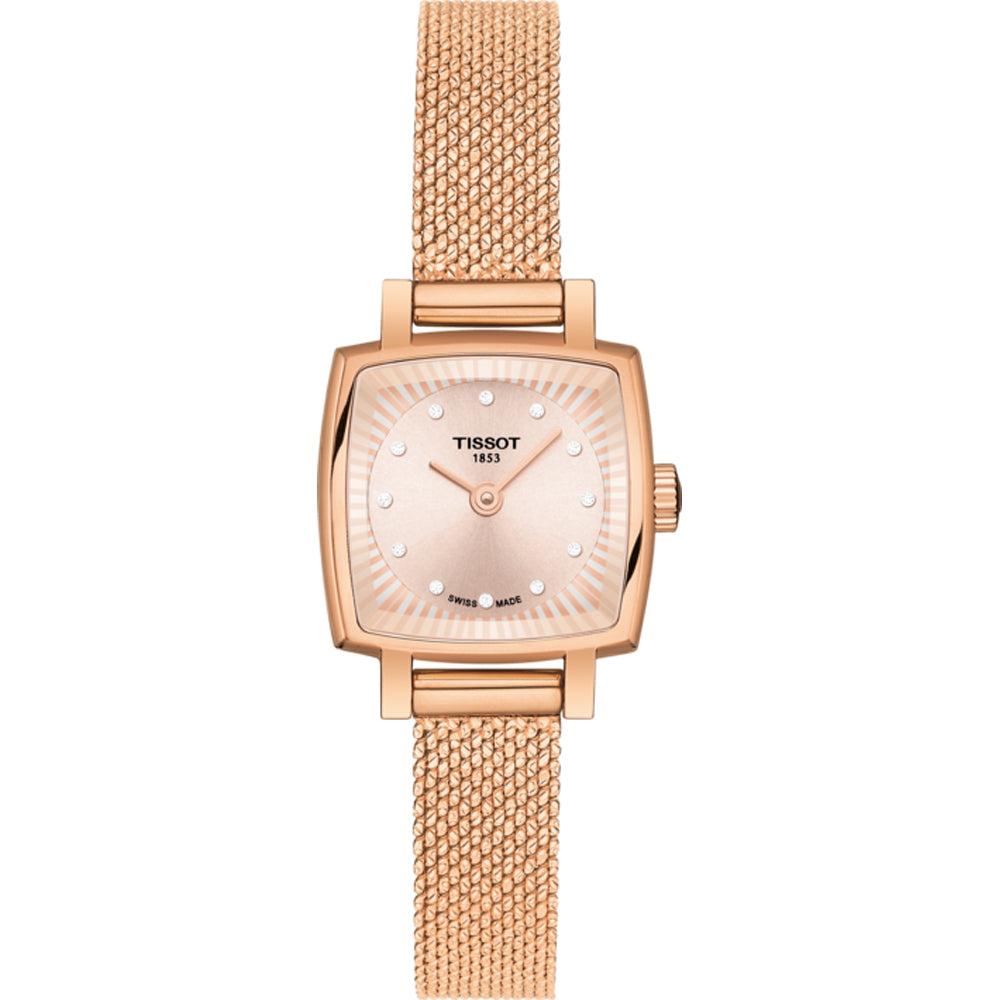 Orologio quadrato Tissot con cassa dorata rosa e cinturino in maglia rolò.