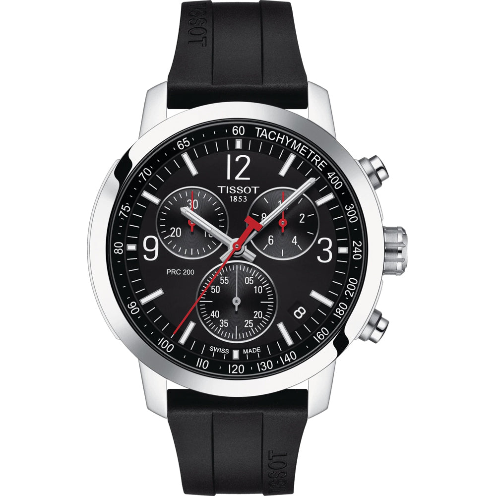 Orologio Tissot PRC 200 con cassa in acciaio inox, quadrante nero e cinturino in gomma nera.