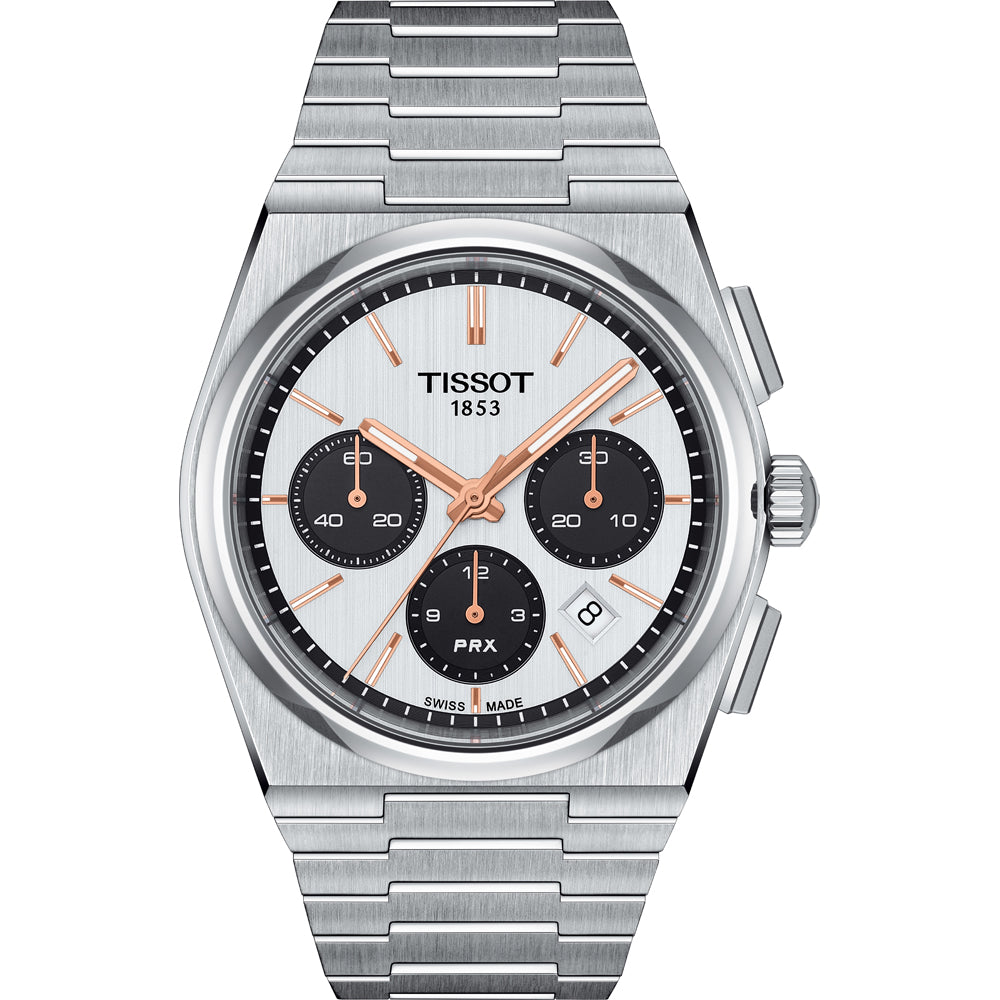 Orologio Tissot PRX Automatic Chronograph con cassa in acciaio inox, quadrante bianco e dettagli arancioni.