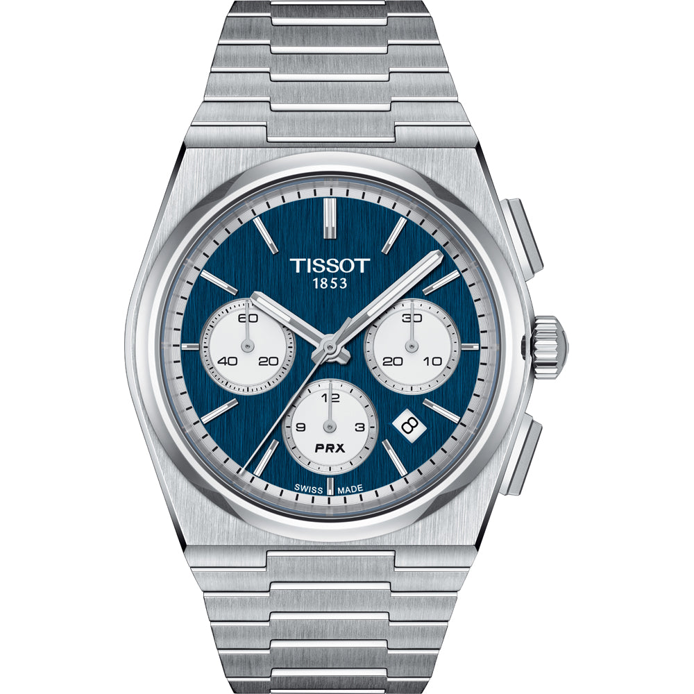 Orologio cronografo automatico Tissot PRX con cassa in acciaio inox e quadrante blu.