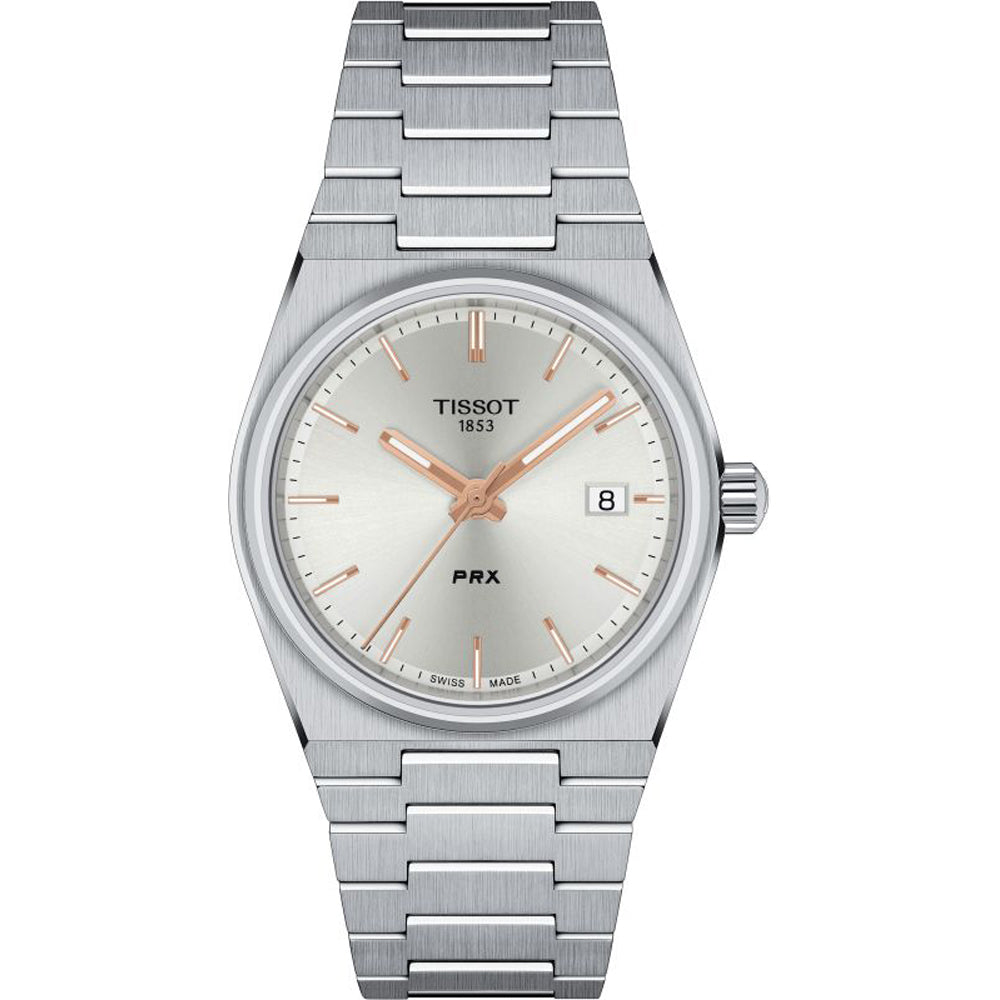 Orologio Tissot PRX 35mm con cassa in acciaio inox, quadrante argentato e dettagli in oro rosa.