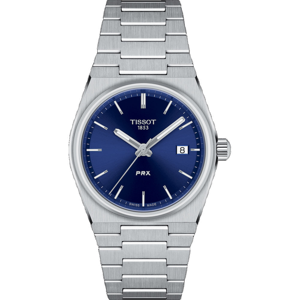 Orologio Tissot PRX 35mm con cassa in acciaio inox, quadrante blu e bracciale a maglia rolò.