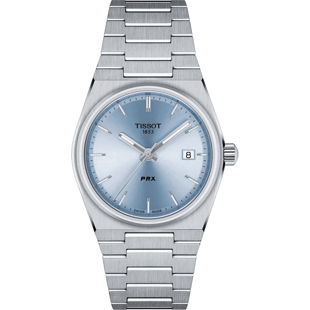 Orologio Tissot PRX 35mm con cassa in acciaio inox, quadrante blu chiaro e bracciale a maglia rolò.