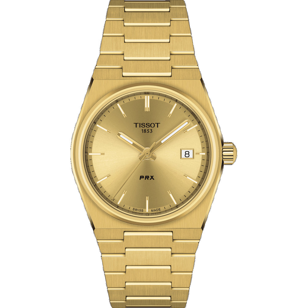 De Tissot PRX 35mm heeft een gouden kast en armband, gouden wijzerplaat met staafjes, drie wijzers, datum op 3 uur, Zwitsers quartz uurwerk en het Tissot logo met '1853' onder 12 uur.