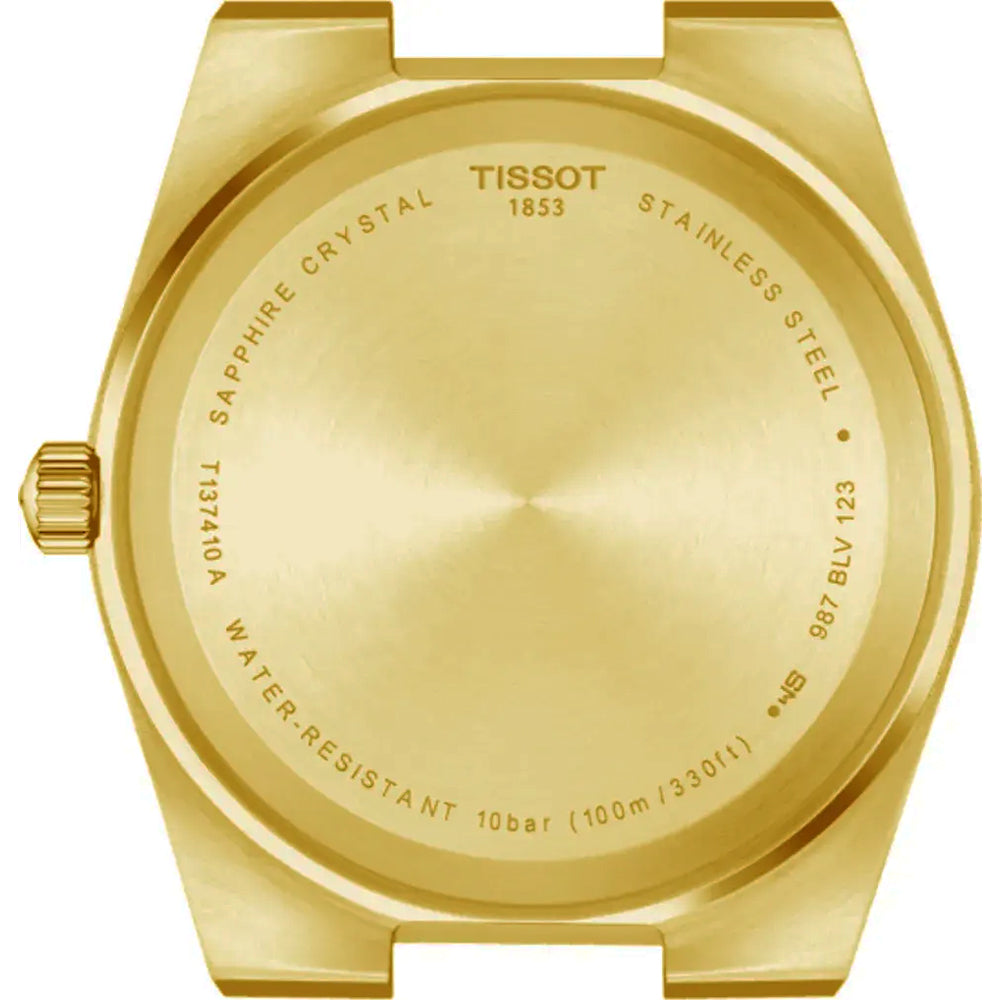 De Tissot PRX 35mm heeft een goudkleurige achterkant gegraveerd met "TISSOT 1853", "STAINLESS STEEL", saffierglas, Zwitsers kwartsuurwerk, model- en serienummers en "WATERRESISTANT 10 bar (100m/330ft)".