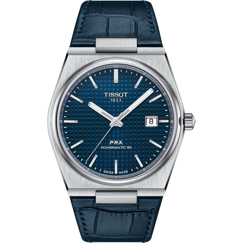 Orologio Tissot PRX Powermatic 80 con cassa in acciaio inox, quadrante blu con motivo a nido d'ape e cinturino in pelle blu.