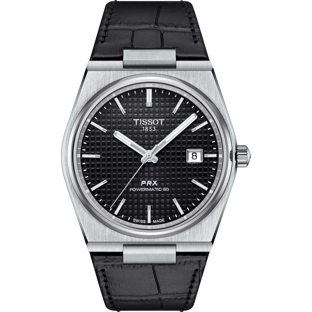 Orologio Tissot PRX Powermatic 80 con quadrante nero, cassa in acciaio e cinturino in pelle nera.