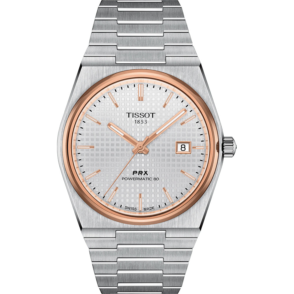 Orologio Tissot PRX Powermatic 80 con cassa in acciaio inox, quadrante argentato e dettagli in oro rosa, bracciale a maglia rolò.