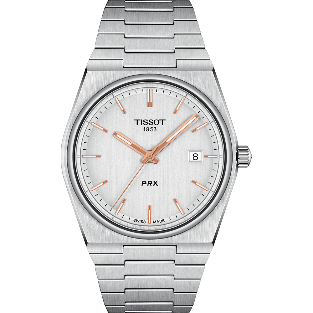Orologio Tissot PRX con cassa in acciaio inox, quadrante argentato e dettagli in oro rosa.