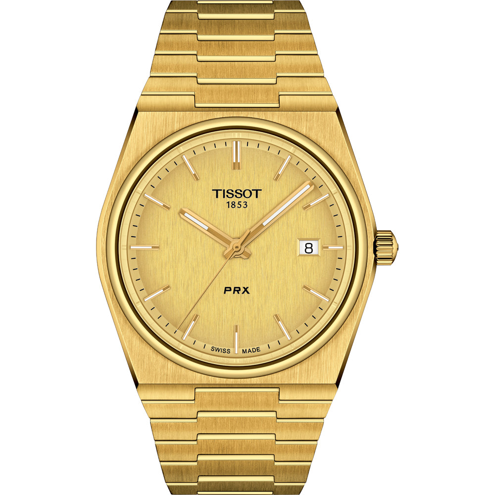 De Tissot PRX van Tissot heeft een goudkleurige kast, goudkleurige wijzerplaat, Saffierglas, goudkleurige markers en wijzers, datum op 3 uur, Zwitsers quartz uurwerk en een bijpassende goudkleurige metalen armband.