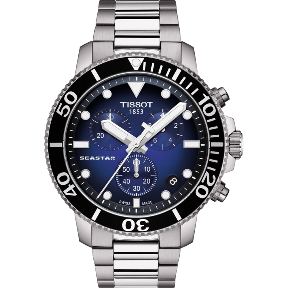 Orologio Tissot Seastar 1000 Chronograph con cassa in acciaio, quadrante blu e lunetta nera.