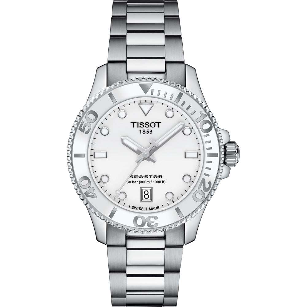 Orologio Tissot Seastar 1000 con cassa argentata di 36 mm, quadrante bianco e bracciale in acciaio inox.