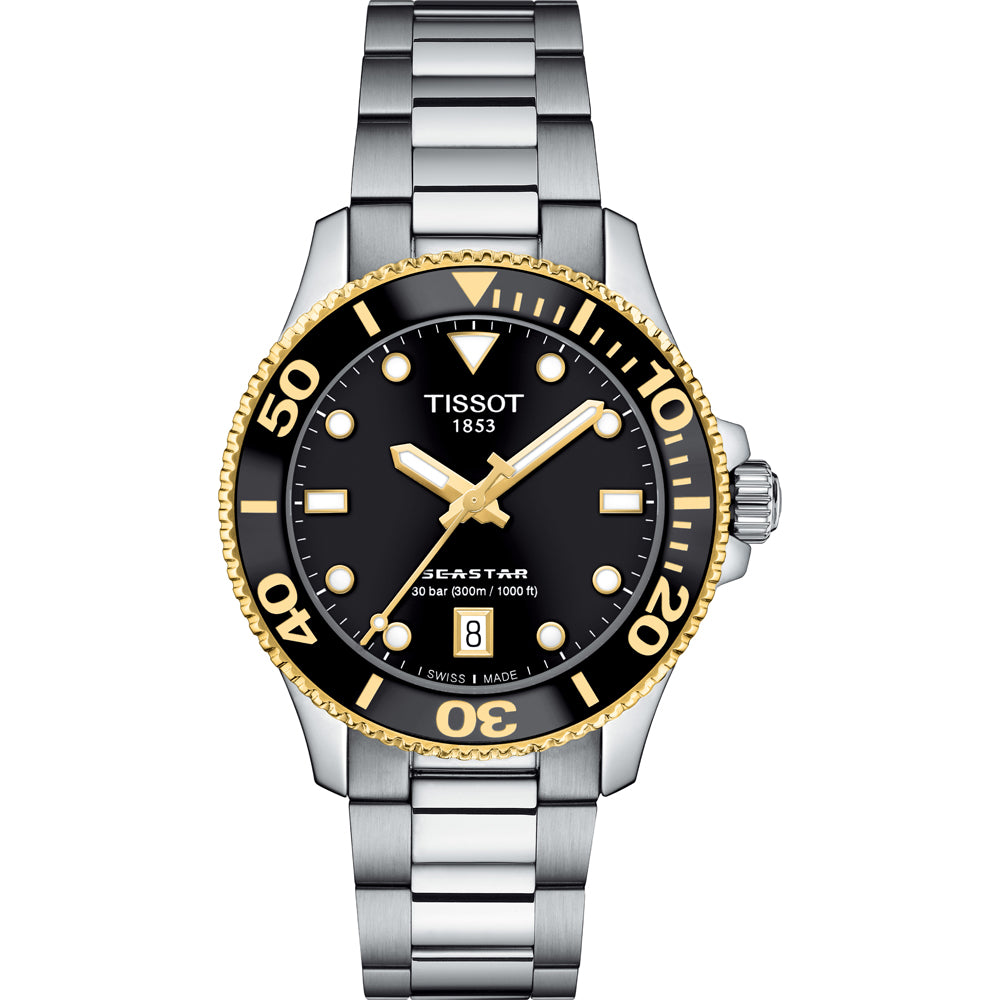 Orologio Tissot Seastar 1000 con cassa in acciaio inox, quadrante nero e dettagli dorati.