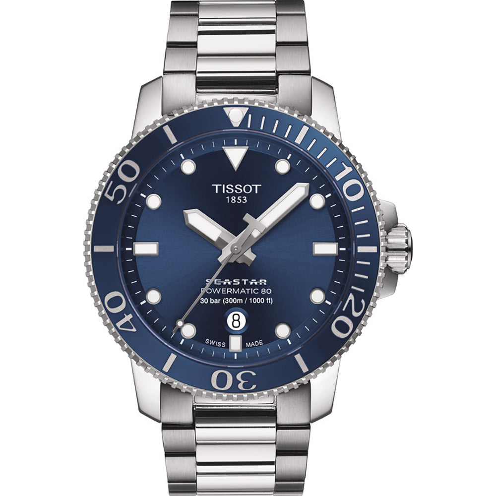 Orologio Tissot Seastar 1000 con quadrante blu, cassa in acciaio inox e cinturino a maglia rolò.