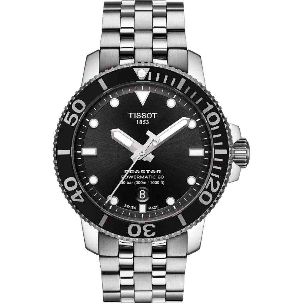 Orologio Tissot Seastar 1000 con quadrante nero, cassa in acciaio e cinturino a maglia rolò.