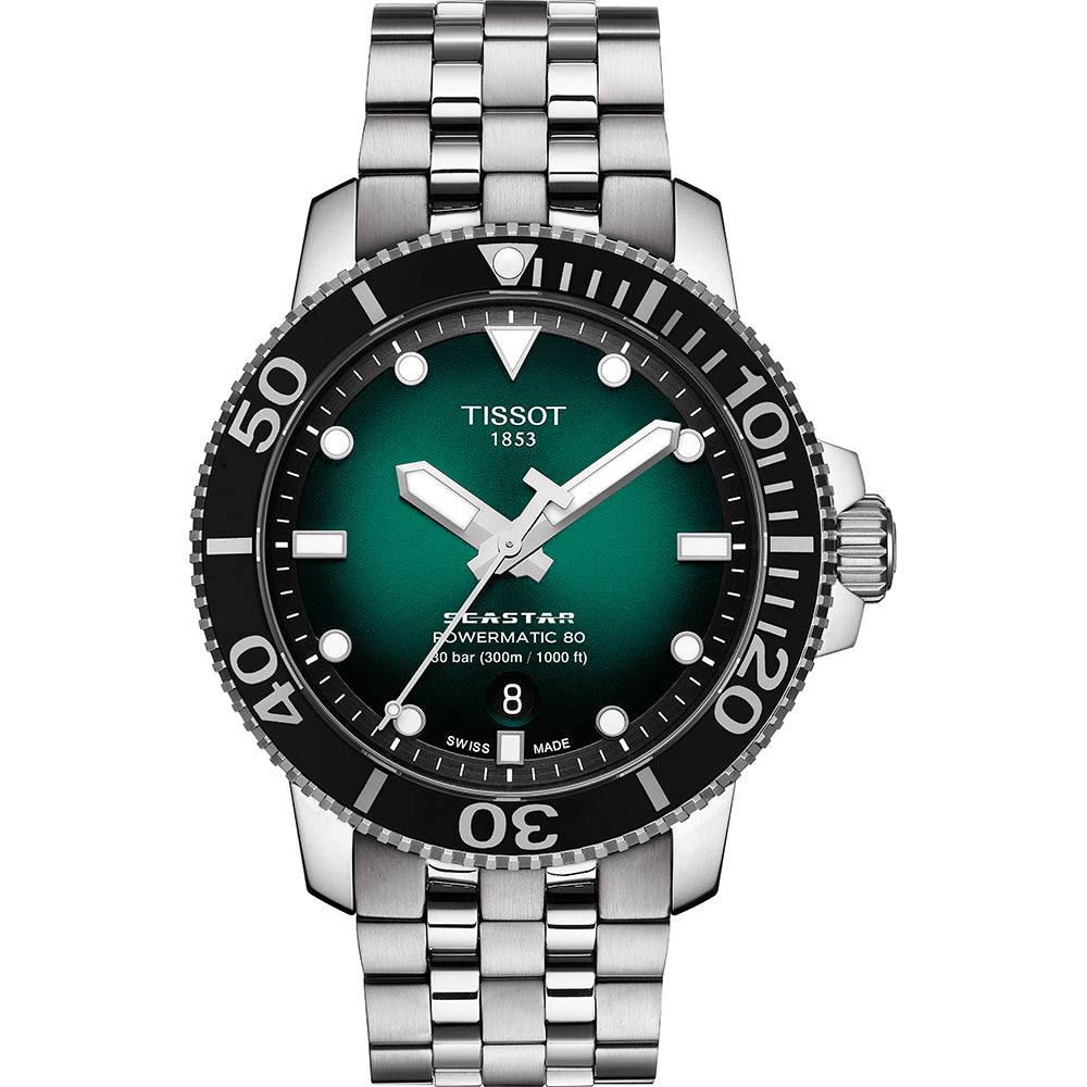 Orologio Tissot Seastar 1000 con cassa in acciaio inossidabile, quadrante verde, lunetta nera e bracciale a maglia rolò.