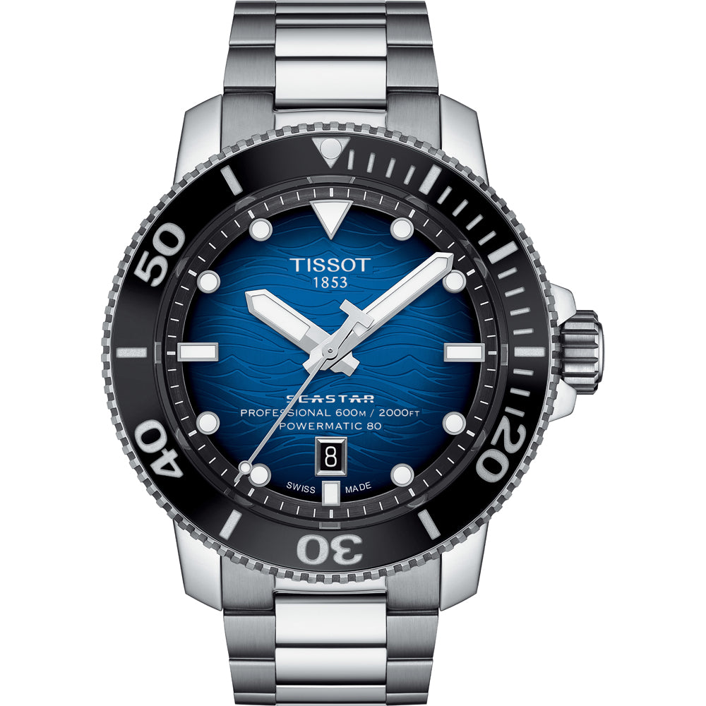 Orologio Tissot Seastar 2000 Professionale con quadrante blu, cassa in acciaio inox e cinturino a maglia rolò.